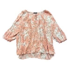 Fred David Coral Abstract Print Tie Neck Peasant Blouse 3/4 Sleeve D2U037RW